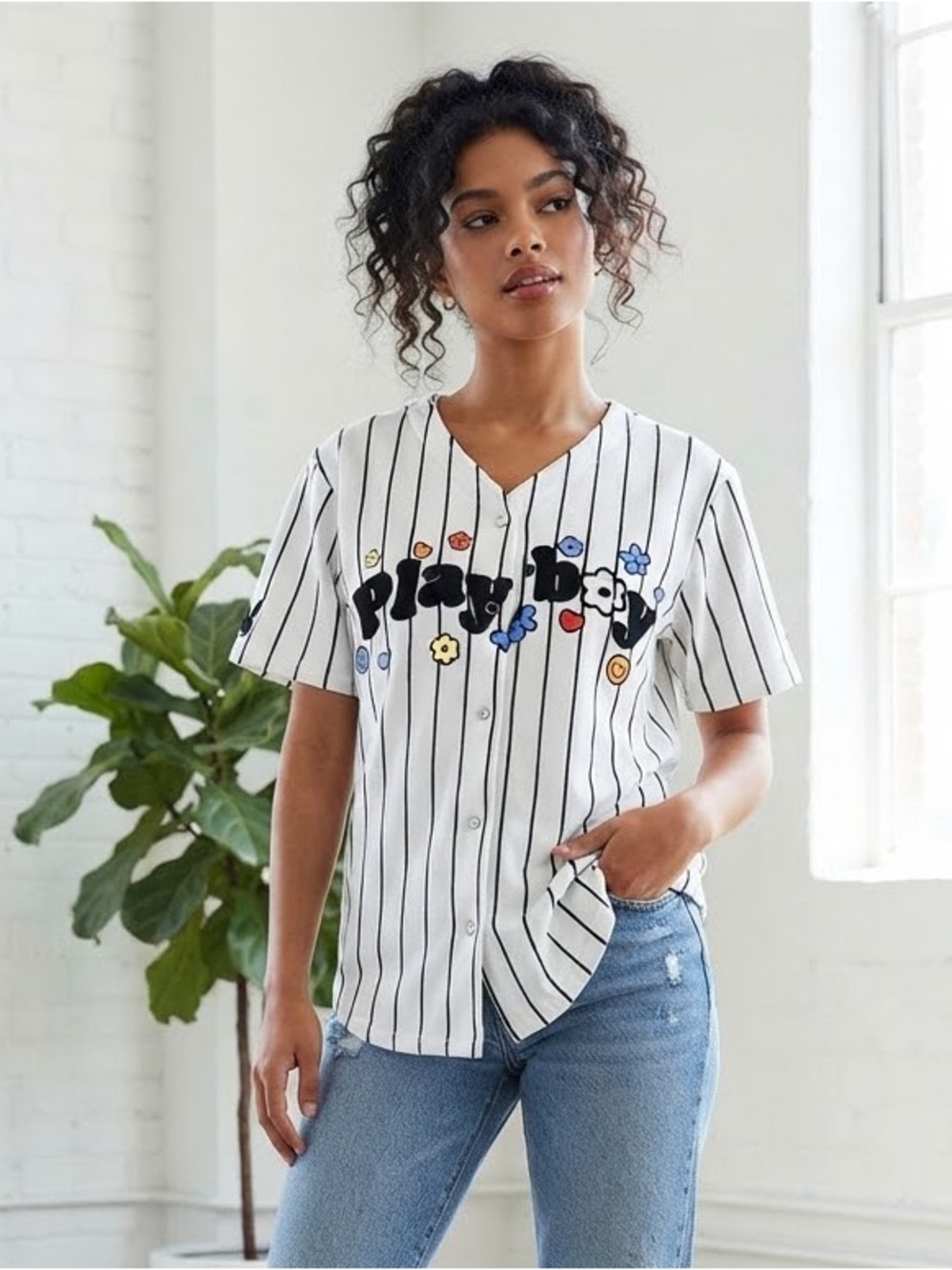 PacSun White Pinstripe Baseball Jersey with Floral Logo